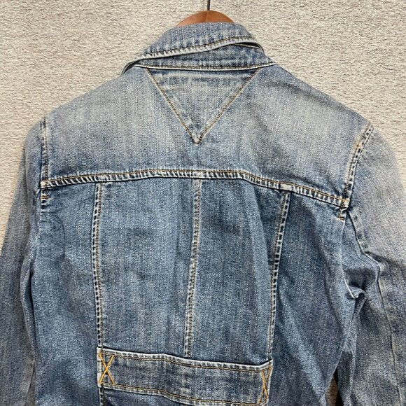 Tommy Hilfiger Jean Jacket Women M Blue Cropped Medium Wash Button Up Denim - Picture 10 of 11